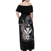Hawaiian Whale and Kanaka Maoli Symbol Off Shoulder Maxi Dress Hibiscus with Hawaii Map and Polynesian Tattoo Grayscale Color LT03 - Polynesian Pride