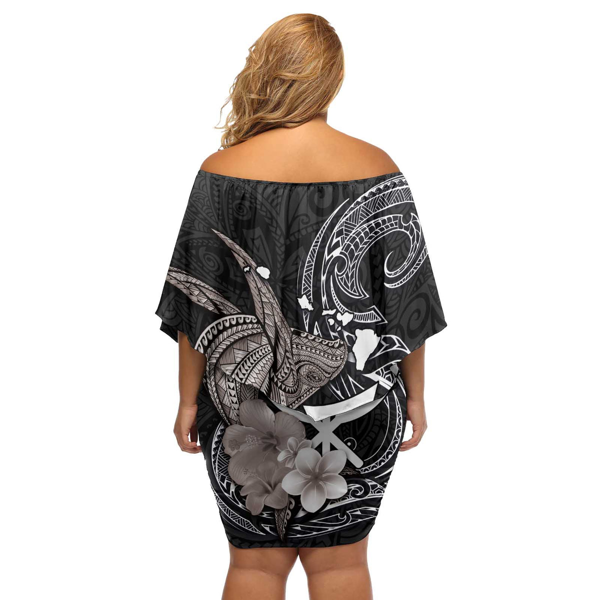 Hawaiian Whale and Kanaka Maoli Symbol Off Shoulder Short Dress Hibiscus with Hawaii Map and Polynesian Tattoo Grayscale Color LT03 - Polynesian Pride