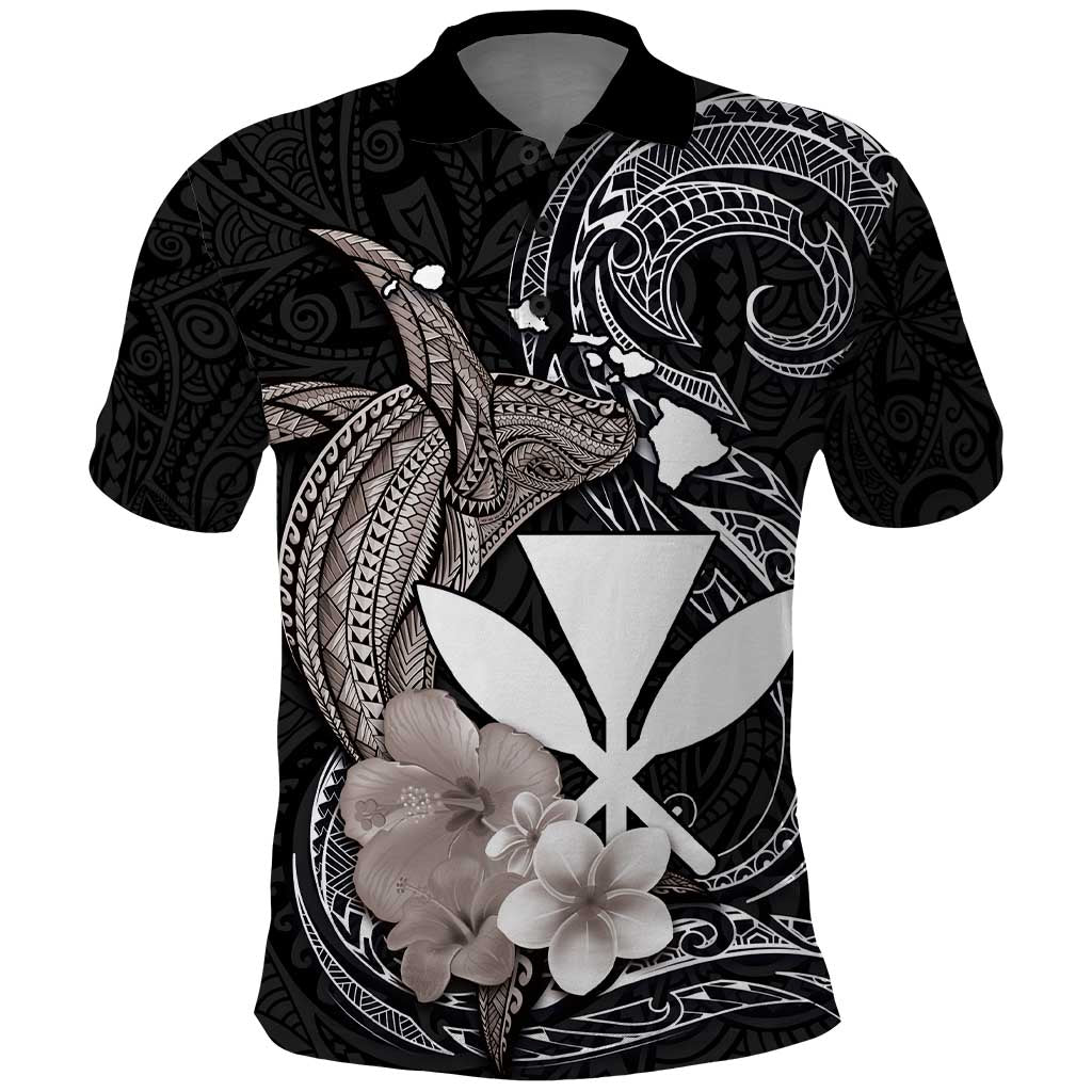 Hawaiian Whale and Kanaka Maoli Symbol Polo Shirt Hibiscus with Hawaii Map and Polynesian Tattoo Grayscale Color LT03 Black - Polynesian Pride