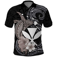 Hawaiian Whale and Kanaka Maoli Symbol Polo Shirt Hibiscus with Hawaii Map and Polynesian Tattoo Grayscale Color LT03 Black - Polynesian Pride