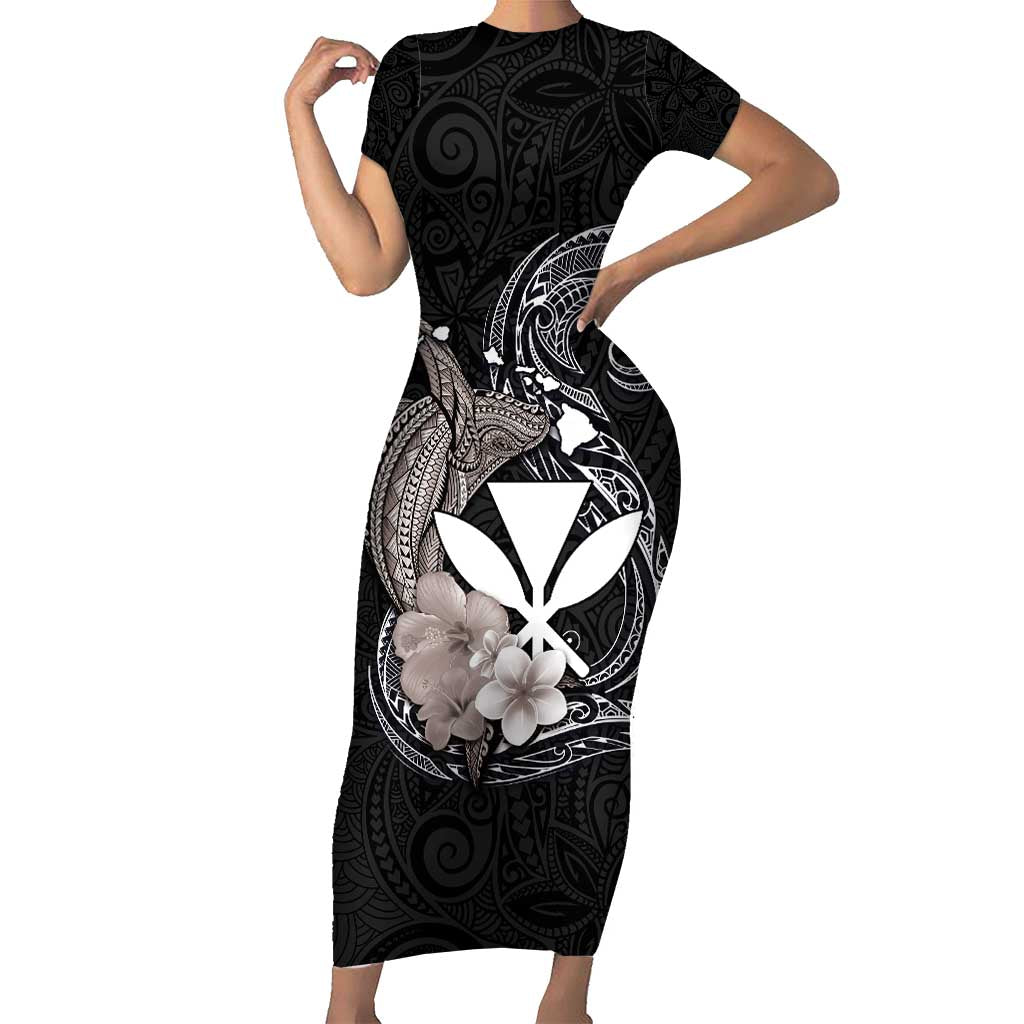 Hawaiian Whale and Kanaka Maoli Symbol Short Sleeve Bodycon Dress Hibiscus with Hawaii Map and Polynesian Tattoo Grayscale Color LT03 Long Dress Black - Polynesian Pride