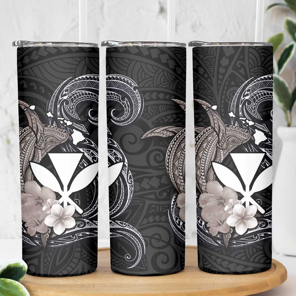 Hawaiian Whale and Kanaka Maoli Symbol Skinny Tumbler Hibiscus with Hawaii Map and Polynesian Tattoo Grayscale Color LT03 - Polynesian Pride