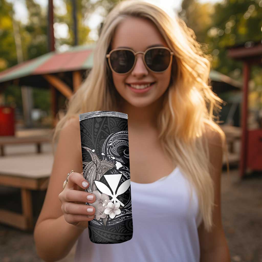 Hawaiian Whale and Kanaka Maoli Symbol Skinny Tumbler Hibiscus with Hawaii Map and Polynesian Tattoo Grayscale Color LT03 - Polynesian Pride