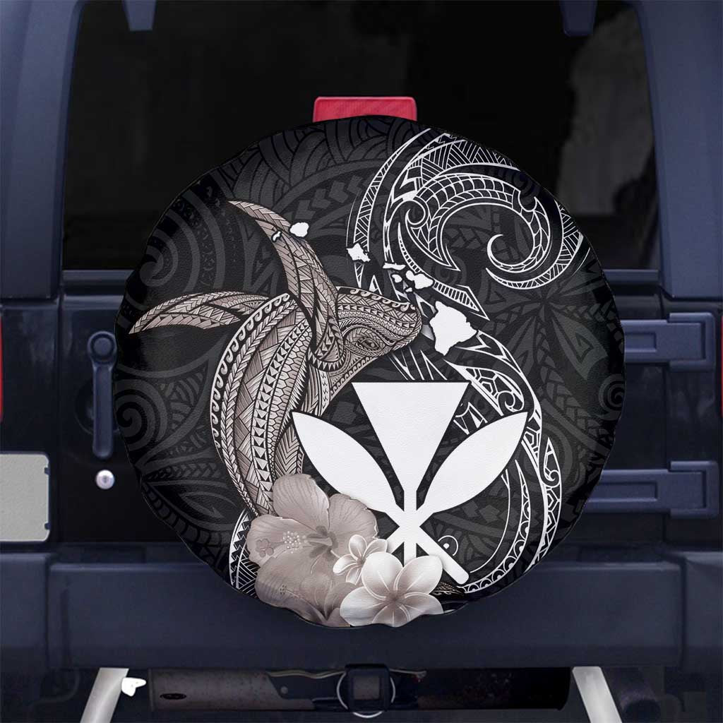 Hawaiian Whale and Kanaka Maoli Symbol Spare Tire Cover Hibiscus with Hawaii Map and Polynesian Tattoo Grayscale Color LT03 - Polynesian Pride