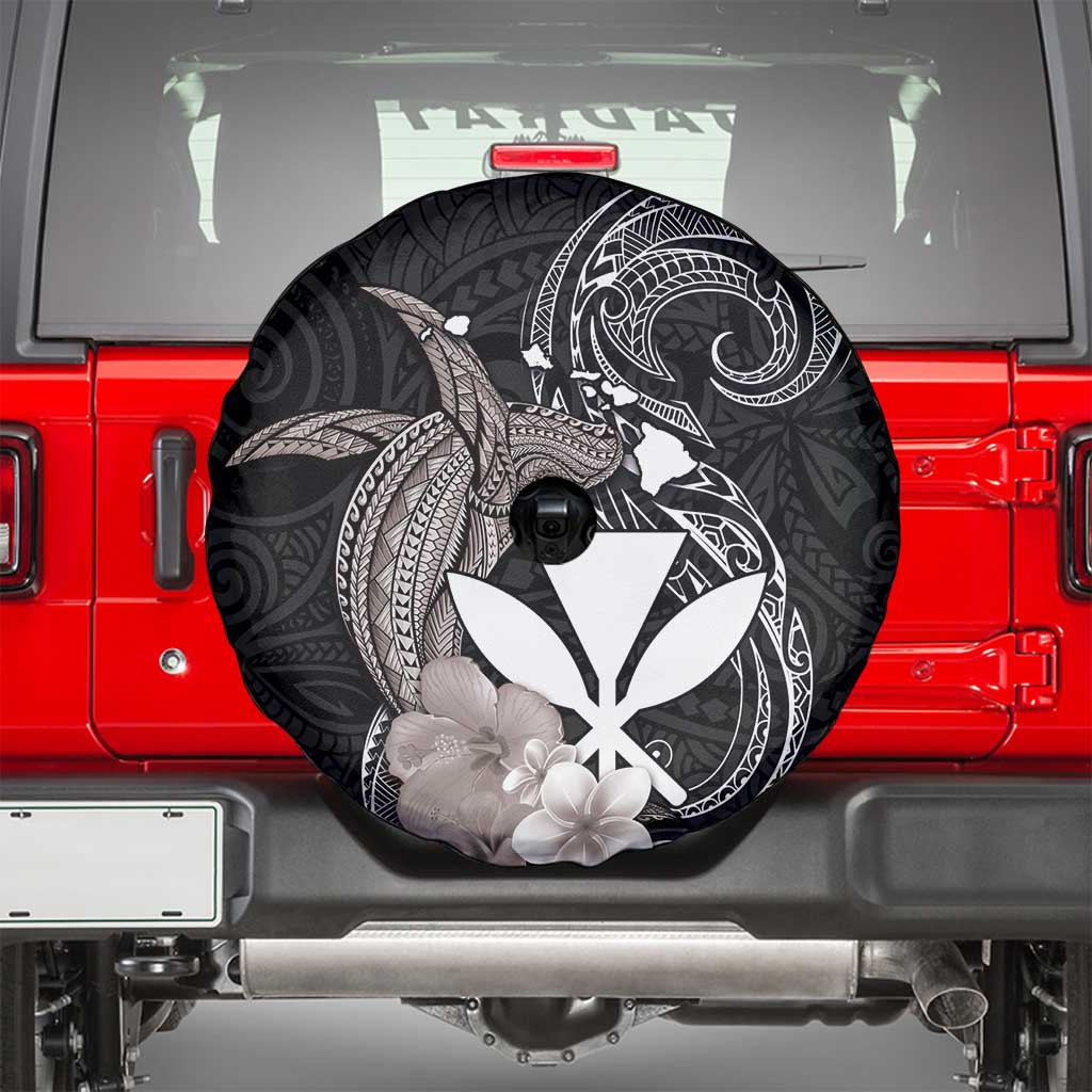 Hawaiian Whale and Kanaka Maoli Symbol Spare Tire Cover Hibiscus with Hawaii Map and Polynesian Tattoo Grayscale Color LT03 - Polynesian Pride