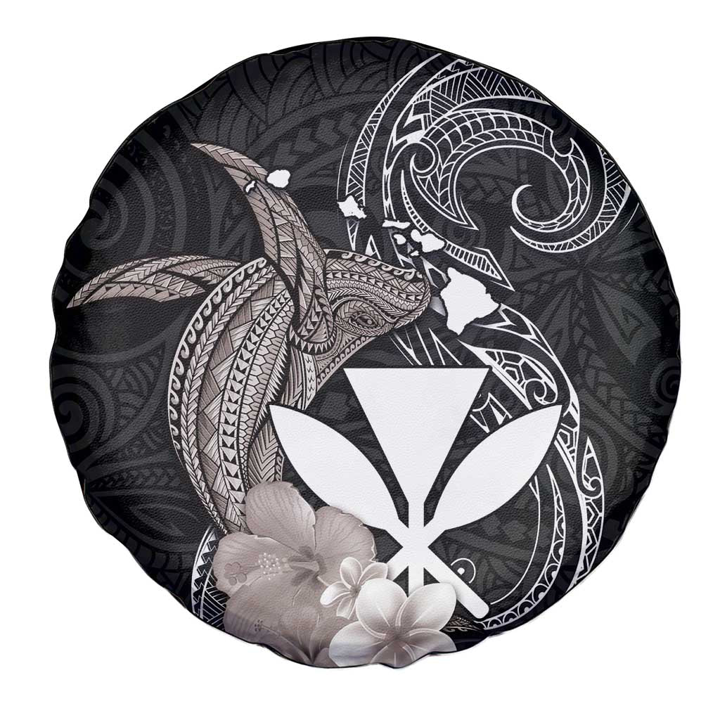 Hawaiian Whale and Kanaka Maoli Symbol Spare Tire Cover Hibiscus with Hawaii Map and Polynesian Tattoo Grayscale Color LT03 - Polynesian Pride