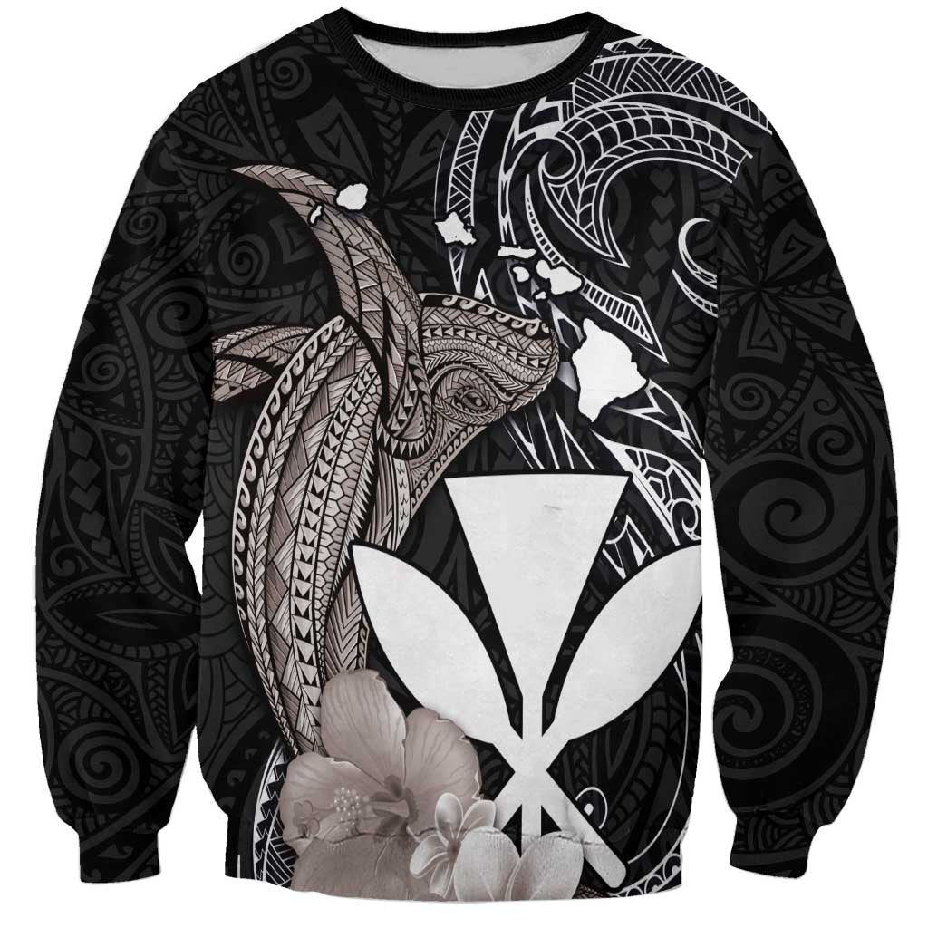 Hawaiian Whale and Kanaka Maoli Symbol Sweatshirt Hibiscus with Hawaii Map and Polynesian Tattoo Grayscale Color LT03 Unisex Black - Polynesian Pride