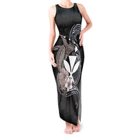 Hawaiian Whale and Kanaka Maoli Symbol Tank Maxi Dress Hibiscus with Hawaii Map and Polynesian Tattoo Grayscale Color LT03 Women Black - Polynesian Pride