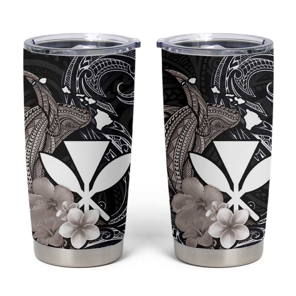 Hawaiian Whale and Kanaka Maoli Symbol Tumbler Cup Hibiscus with Hawaii Map and Polynesian Tattoo Grayscale Color LT03 Black - Polynesian Pride
