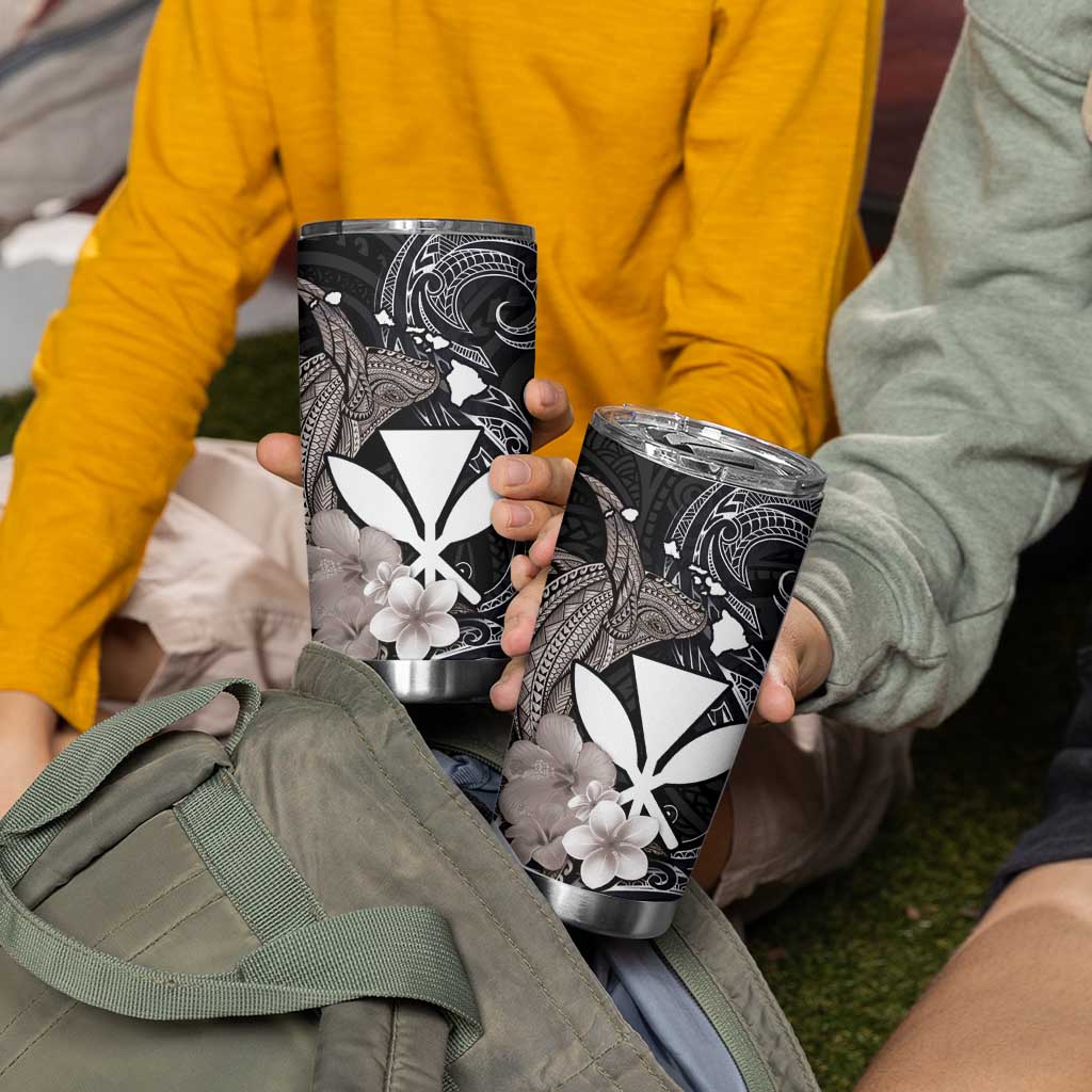 Hawaiian Whale and Kanaka Maoli Symbol Tumbler Cup Hibiscus with Hawaii Map and Polynesian Tattoo Grayscale Color LT03 - Polynesian Pride