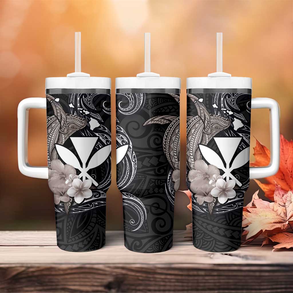 Hawaiian Whale and Kanaka Maoli Symbol Tumbler With Handle Hibiscus with Hawaii Map and Polynesian Tattoo Grayscale Color