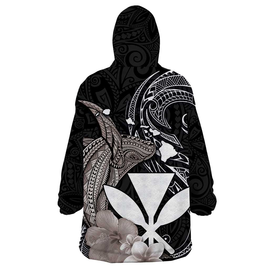 Hawaiian Whale and Kanaka Maoli Symbol Wearable Blanket Hoodie Hibiscus with Hawaii Map and Polynesian Tattoo Grayscale Color LT03 - Polynesian Pride