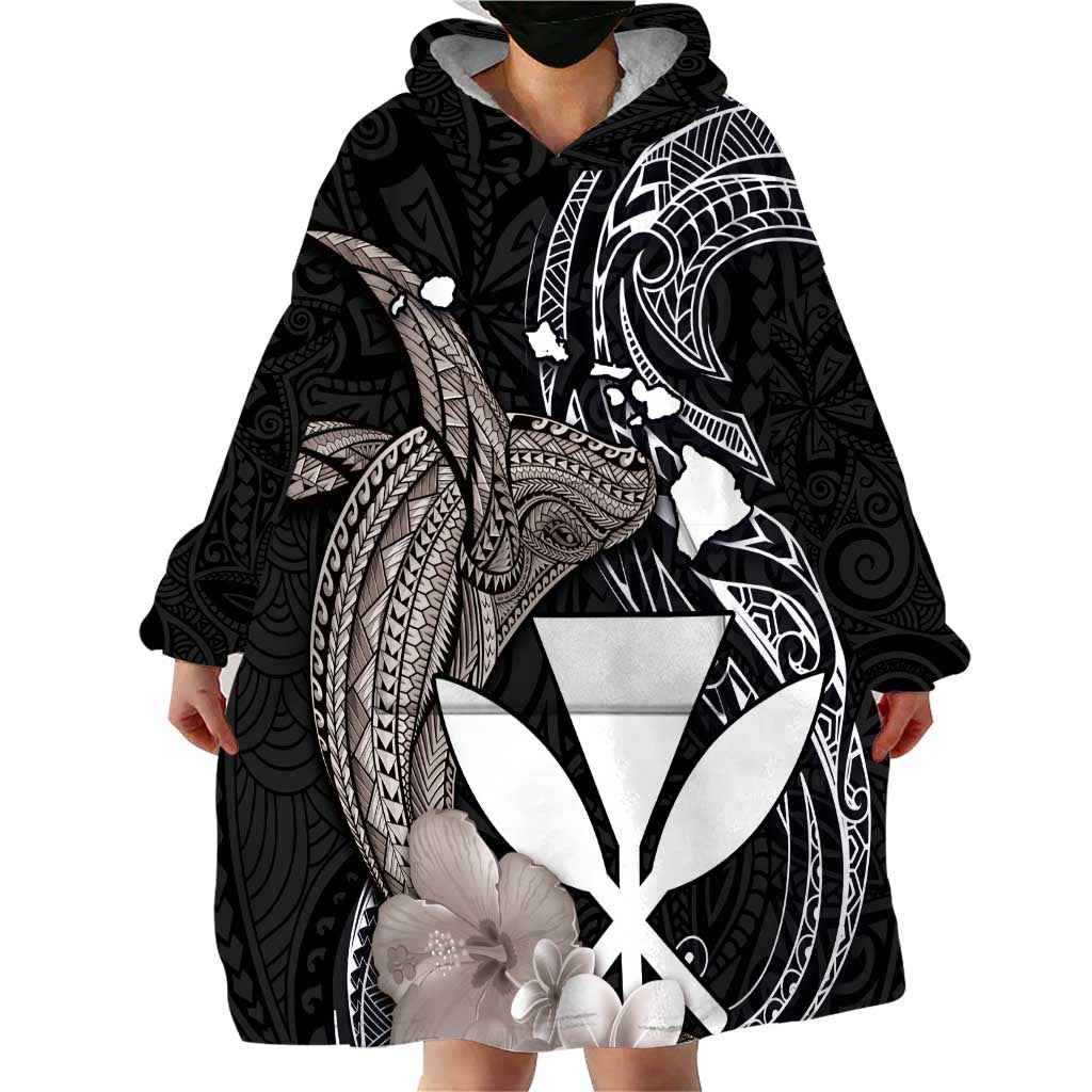 Hawaiian Whale and Kanaka Maoli Symbol Wearable Blanket Hoodie Hibiscus with Hawaii Map and Polynesian Tattoo Grayscale Color LT03 - Polynesian Pride