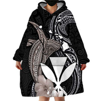 Hawaiian Whale and Kanaka Maoli Symbol Wearable Blanket Hoodie Hibiscus with Hawaii Map and Polynesian Tattoo Grayscale Color LT03 - Polynesian Pride