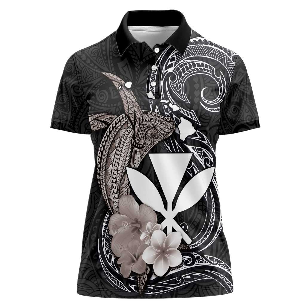 Hawaiian Whale and Kanaka Maoli Symbol Women Polo Shirt Hibiscus with Hawaii Map and Polynesian Tattoo Grayscale Color LT03 Female Black - Polynesian Pride