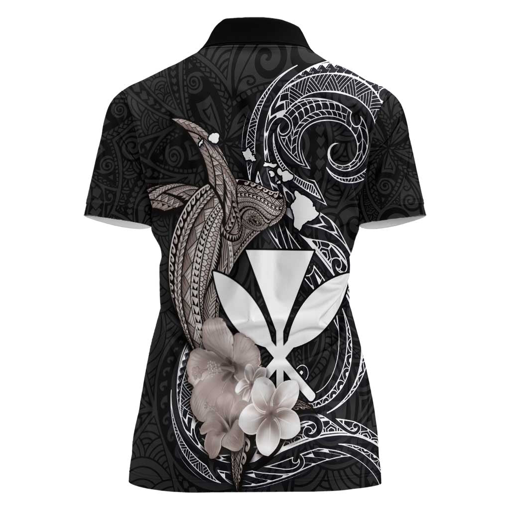 Hawaiian Whale and Kanaka Maoli Symbol Women Polo Shirt Hibiscus with Hawaii Map and Polynesian Tattoo Grayscale Color LT03 - Polynesian Pride