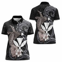 Hawaiian Whale and Kanaka Maoli Symbol Women Polo Shirt Hibiscus with Hawaii Map and Polynesian Tattoo Grayscale Color LT03 - Polynesian Pride