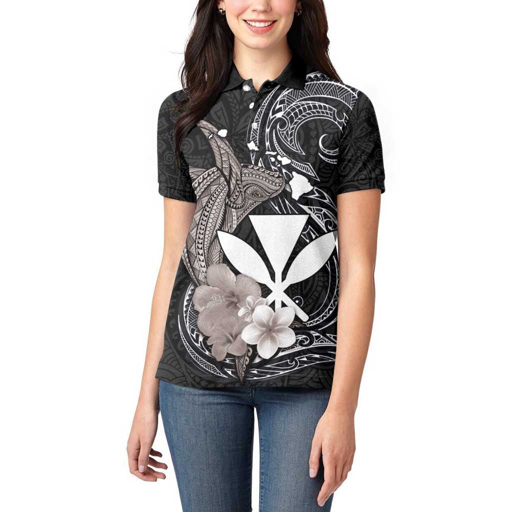 Hawaiian Whale and Kanaka Maoli Symbol Women Polo Shirt Hibiscus with Hawaii Map and Polynesian Tattoo Grayscale Color LT03 - Polynesian Pride
