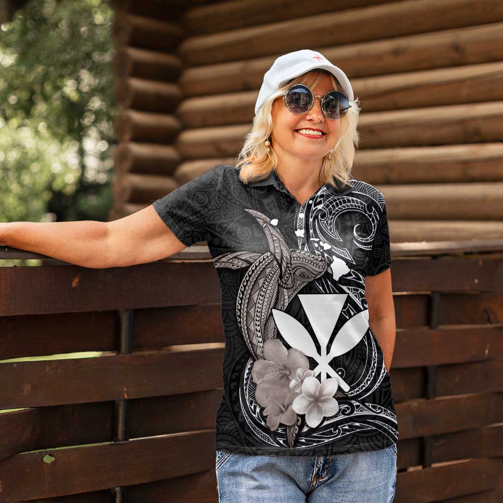 Hawaiian Whale and Kanaka Maoli Symbol Women Polo Shirt Hibiscus with Hawaii Map and Polynesian Tattoo Grayscale Color LT03 - Polynesian Pride