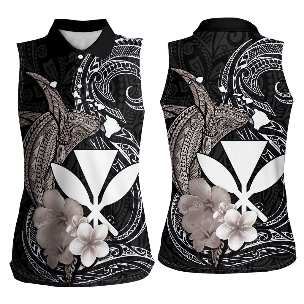 Hawaiian Whale and Kanaka Maoli Symbol Women Sleeveless Polo Shirt Hibiscus with Hawaii Map and Polynesian Tattoo Grayscale Color LT03 - Polynesian Pride