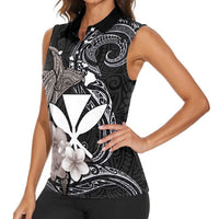 Hawaiian Whale and Kanaka Maoli Symbol Women Sleeveless Polo Shirt Hibiscus with Hawaii Map and Polynesian Tattoo Grayscale Color LT03 - Polynesian Pride