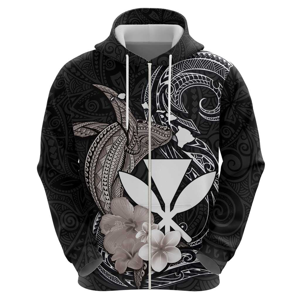 Hawaiian Whale and Kanaka Maoli Symbol Zip Hoodie Hibiscus with Hawaii Map and Polynesian Tattoo Grayscale Color LT03 - Polynesian Pride