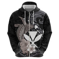 Hawaiian Whale and Kanaka Maoli Symbol Zip Hoodie Hibiscus with Hawaii Map and Polynesian Tattoo Grayscale Color LT03 - Polynesian Pride