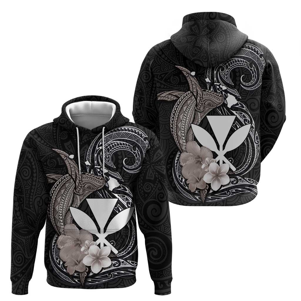 Hawaiian Whale and Kanaka Maoli Symbol Zip Hoodie Hibiscus with Hawaii Map and Polynesian Tattoo Grayscale Color LT03 - Polynesian Pride