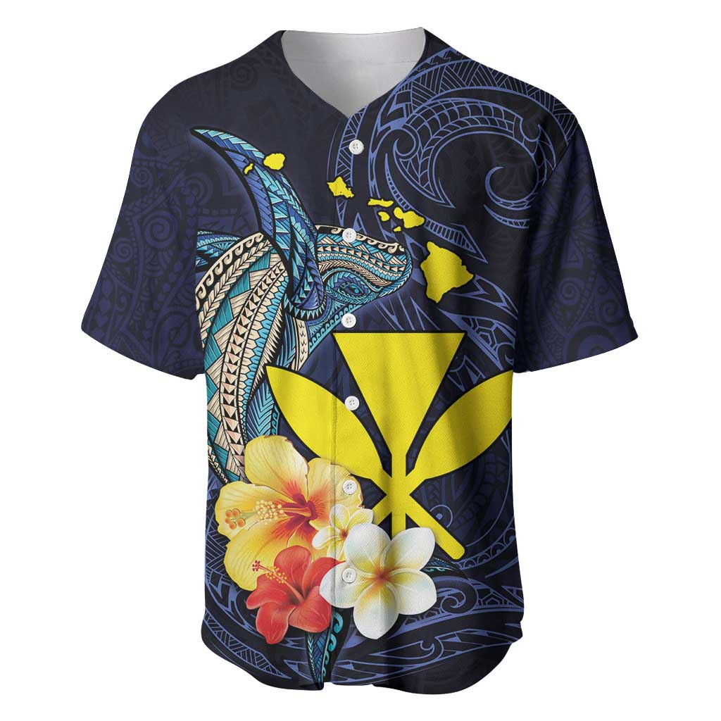 Hawaiian Whale and Kanaka Maoli Symbol Baseball Jersey Hibiscus with Hawaii Map and Polynesian Tattoo Deep Sea Color LT03 Blue - Polynesian Pride