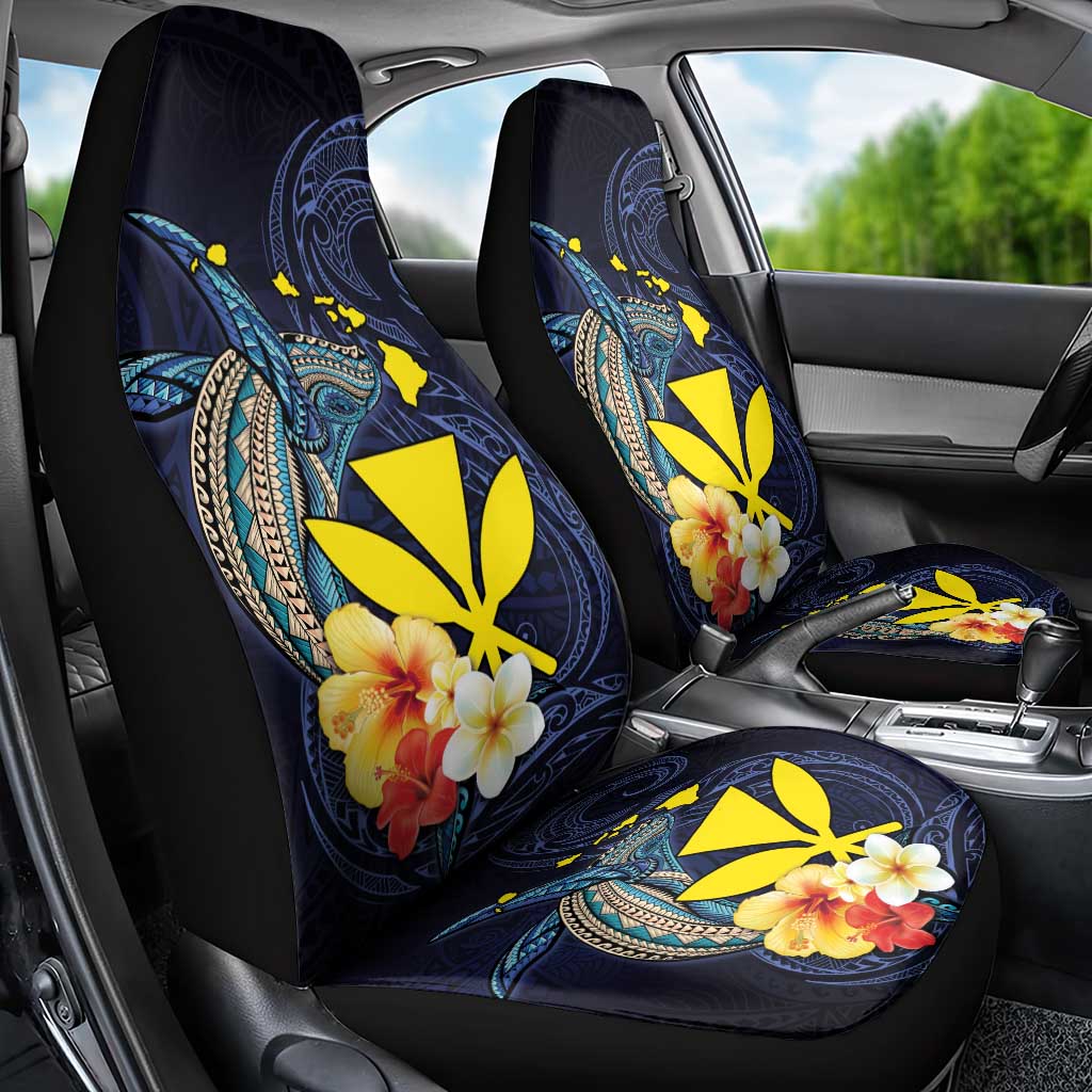 Hawaiian Whale and Kanaka Maoli Symbol Car Seat Cover Hibiscus with Hawaii Map and Polynesian Tattoo Deep Sea Color LT03 - Polynesian Pride