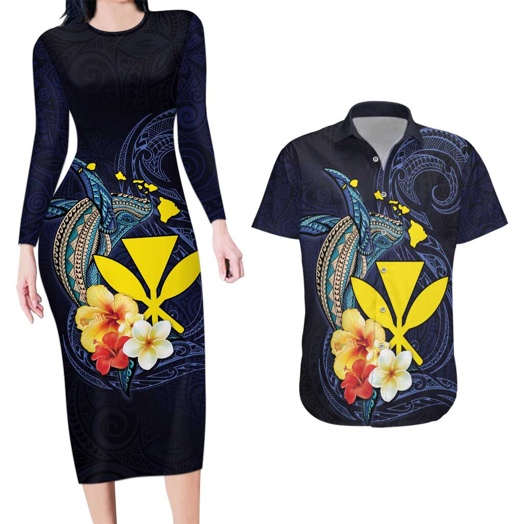 Hawaiian Whale and Kanaka Maoli Symbol Couples Matching Long Sleeve Bodycon Dress and Hawaiian Shirt Hibiscus with Hawaii Map and Polynesian Tattoo Deep Sea Color LT03 Blue - Polynesian Pride