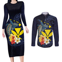 Hawaiian Whale and Kanaka Maoli Symbol Couples Matching Long Sleeve Bodycon Dress and Long Sleeve Button Shirt Hibiscus with Hawaii Map and Polynesian Tattoo Deep Sea Color LT03 Blue - Polynesian Pride