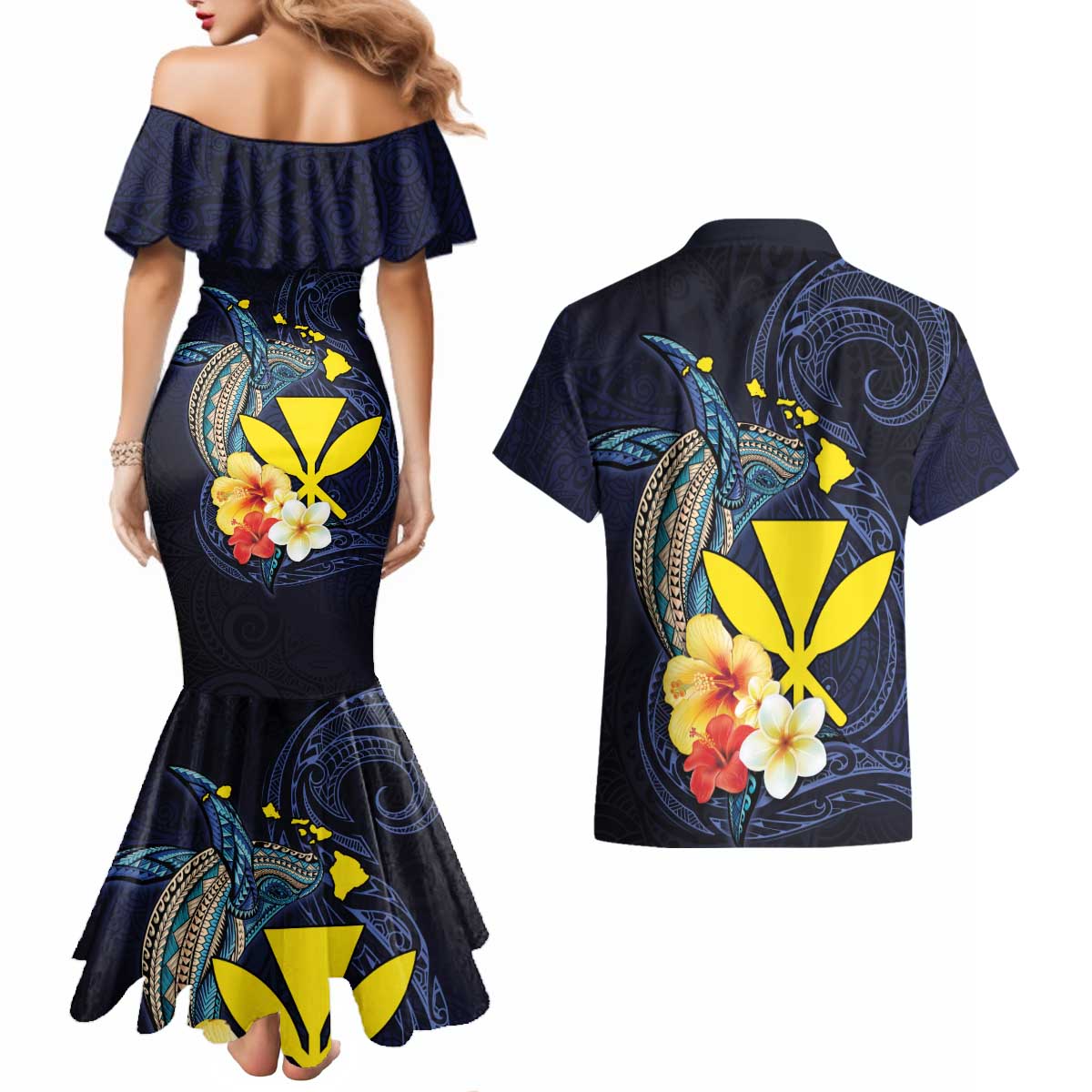 Hawaiian Whale and Kanaka Maoli Symbol Couples Matching Mermaid Dress and Hawaiian Shirt Hibiscus with Hawaii Map and Polynesian Tattoo Deep Sea Color LT03 - Polynesian Pride