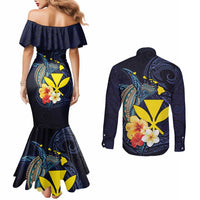 Hawaiian Whale and Kanaka Maoli Symbol Couples Matching Mermaid Dress and Long Sleeve Button Shirt Hibiscus with Hawaii Map and Polynesian Tattoo Deep Sea Color LT03 - Polynesian Pride