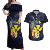 Hawaiian Whale and Kanaka Maoli Symbol Couples Matching Off Shoulder Maxi Dress and Hawaiian Shirt Hibiscus with Hawaii Map and Polynesian Tattoo Deep Sea Color LT03 Blue - Polynesian Pride