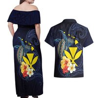 Hawaiian Whale and Kanaka Maoli Symbol Couples Matching Off Shoulder Maxi Dress and Hawaiian Shirt Hibiscus with Hawaii Map and Polynesian Tattoo Deep Sea Color LT03 - Polynesian Pride