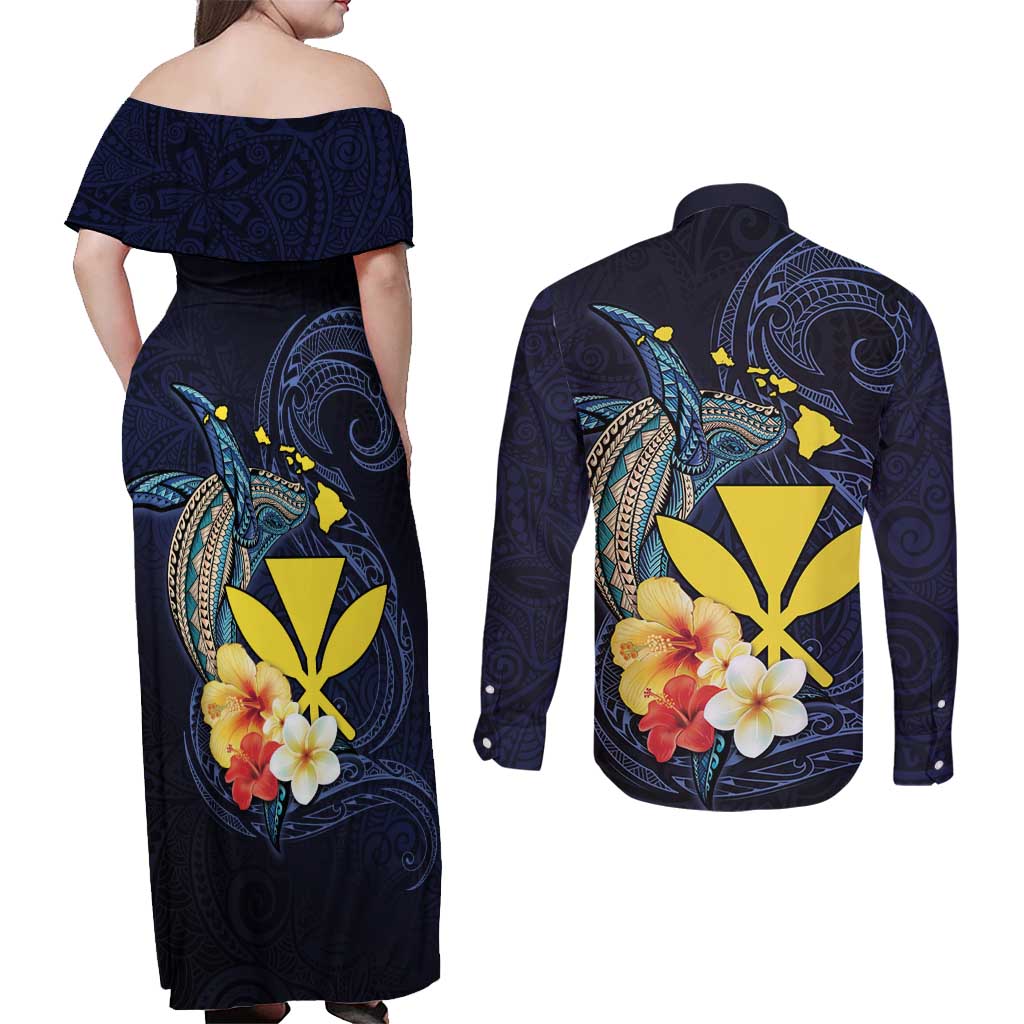 Hawaiian Whale and Kanaka Maoli Symbol Couples Matching Off Shoulder Maxi Dress and Long Sleeve Button Shirt Hibiscus with Hawaii Map and Polynesian Tattoo Deep Sea Color LT03 - Polynesian Pride