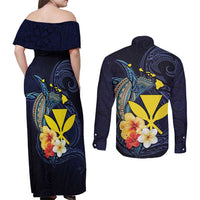 Hawaiian Whale and Kanaka Maoli Symbol Couples Matching Off Shoulder Maxi Dress and Long Sleeve Button Shirt Hibiscus with Hawaii Map and Polynesian Tattoo Deep Sea Color LT03 - Polynesian Pride