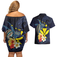 Hawaiian Whale and Kanaka Maoli Symbol Couples Matching Off Shoulder Short Dress and Hawaiian Shirt Hibiscus with Hawaii Map and Polynesian Tattoo Deep Sea Color LT03 - Polynesian Pride
