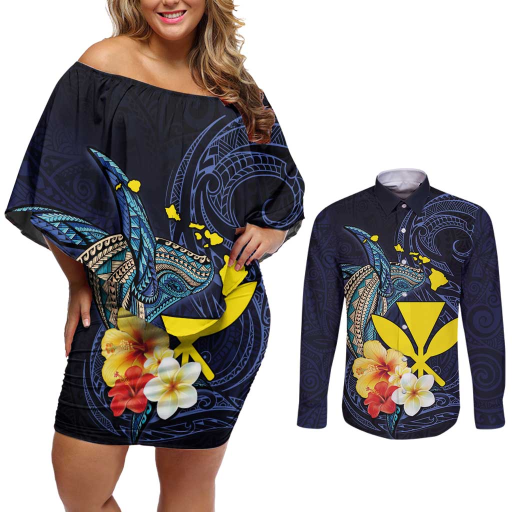 Hawaiian Whale and Kanaka Maoli Symbol Couples Matching Off Shoulder Short Dress and Long Sleeve Button Shirt Hibiscus with Hawaii Map and Polynesian Tattoo Deep Sea Color LT03 Blue - Polynesian Pride