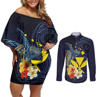 Hawaiian Whale and Kanaka Maoli Symbol Couples Matching Off Shoulder Short Dress and Long Sleeve Button Shirt Hibiscus with Hawaii Map and Polynesian Tattoo Deep Sea Color LT03 Blue - Polynesian Pride