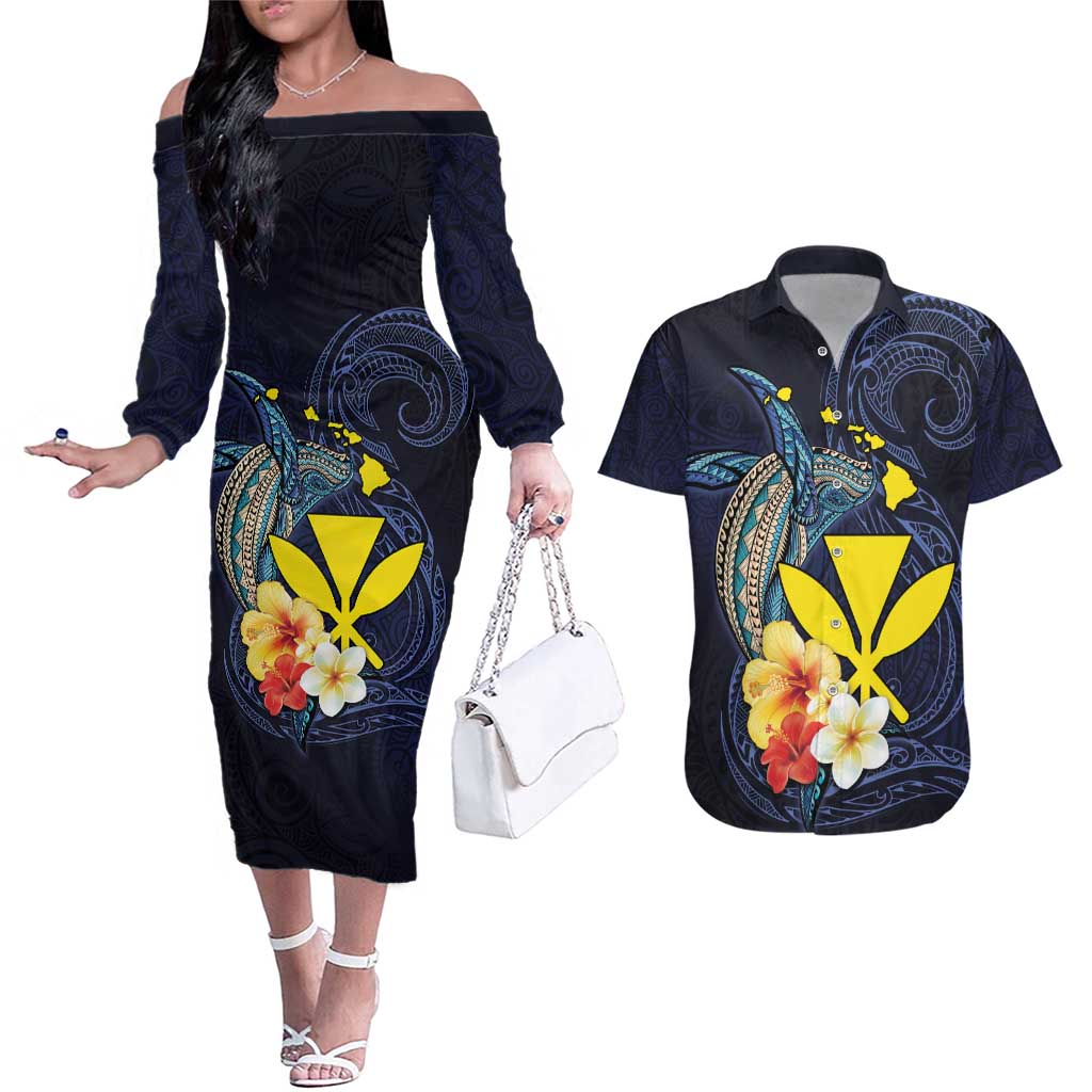 Hawaiian Whale and Kanaka Maoli Symbol Couples Matching Off The Shoulder Long Sleeve Dress and Hawaiian Shirt Hibiscus with Hawaii Map and Polynesian Tattoo Deep Sea Color LT03 Blue - Polynesian Pride