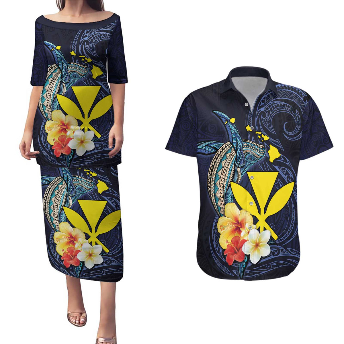 Hawaiian Whale and Kanaka Maoli Symbol Couples Matching Puletasi and Hawaiian Shirt Hibiscus with Hawaii Map and Polynesian Tattoo Deep Sea Color LT03 Blue - Polynesian Pride
