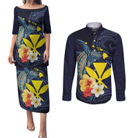 Hawaiian Whale and Kanaka Maoli Symbol Couples Matching Puletasi and Long Sleeve Button Shirt Hibiscus with Hawaii Map and Polynesian Tattoo Deep Sea Color LT03 Blue - Polynesian Pride