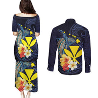 Hawaiian Whale and Kanaka Maoli Symbol Couples Matching Puletasi and Long Sleeve Button Shirt Hibiscus with Hawaii Map and Polynesian Tattoo Deep Sea Color LT03 - Polynesian Pride