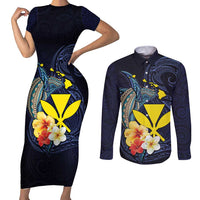 Hawaiian Whale and Kanaka Maoli Symbol Couples Matching Short Sleeve Bodycon Dress and Long Sleeve Button Shirt Hibiscus with Hawaii Map and Polynesian Tattoo Deep Sea Color LT03 Blue - Polynesian Pride