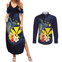 Hawaiian Whale and Kanaka Maoli Symbol Couples Matching Summer Maxi Dress and Long Sleeve Button Shirt Hibiscus with Hawaii Map and Polynesian Tattoo Deep Sea Color LT03 Blue - Polynesian Pride