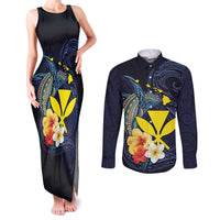 Hawaiian Whale and Kanaka Maoli Symbol Couples Matching Tank Maxi Dress and Long Sleeve Button Shirt Hibiscus with Hawaii Map and Polynesian Tattoo Deep Sea Color LT03 Blue - Polynesian Pride