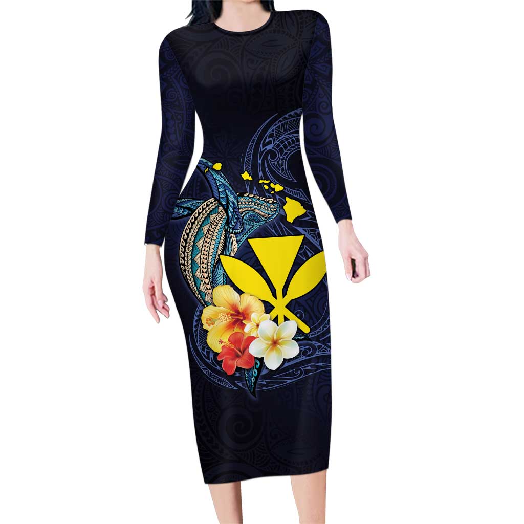Hawaiian Whale and Kanaka Maoli Symbol Family Matching Long Sleeve Bodycon Dress and Hawaiian Shirt Hibiscus with Hawaii Map and Polynesian Tattoo Deep Sea Color LT03 Mom's Dress Blue - Polynesian Pride