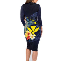 Hawaiian Whale and Kanaka Maoli Symbol Family Matching Long Sleeve Bodycon Dress and Hawaiian Shirt Hibiscus with Hawaii Map and Polynesian Tattoo Deep Sea Color LT03 - Polynesian Pride